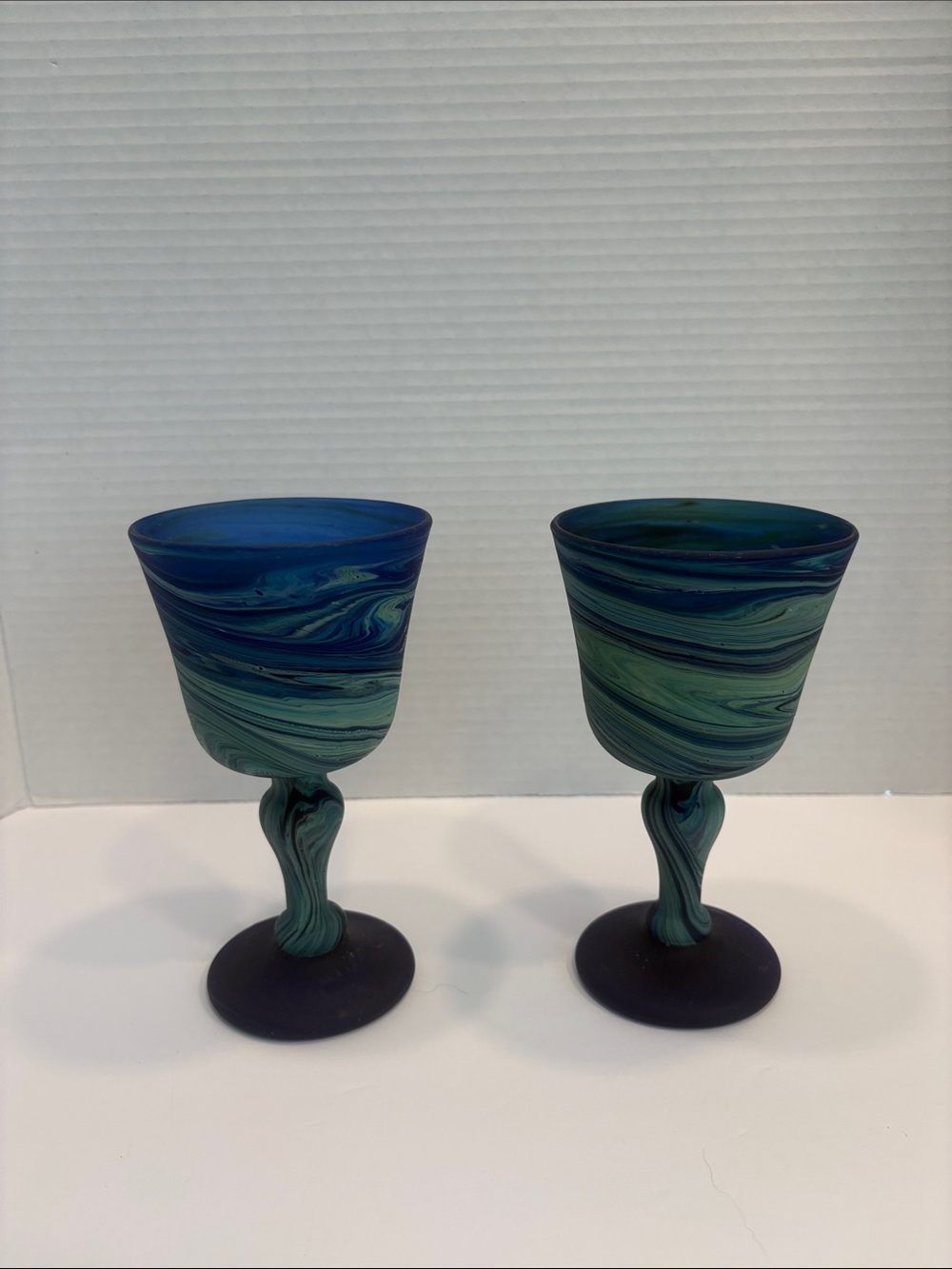 Pair Handblown Phoenician Goblets Hebron Style Art Glass Swirl Handmade